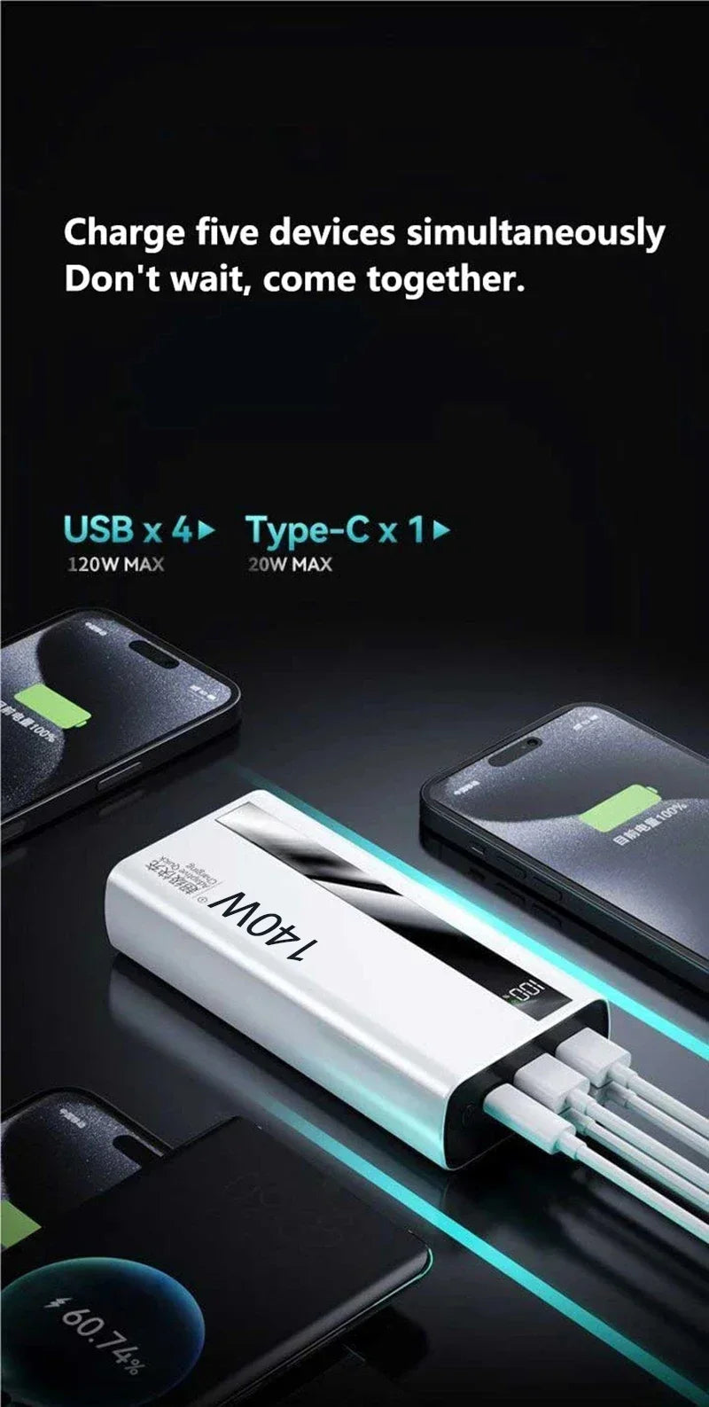 Lenovo CCC 500000mAh 140W Powerbank Super Fast Charging Portable Battery Charger Ultra Capacity LED Digital Display