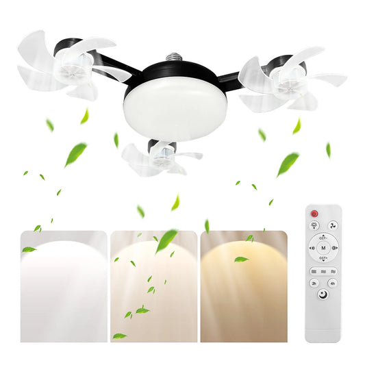 E27 Dimmable LED Socket Drone Fan Light with RC & Extension Rod 2 In 1 Hanging Fans 3-Speed for Bedroom Kitchen Working Space