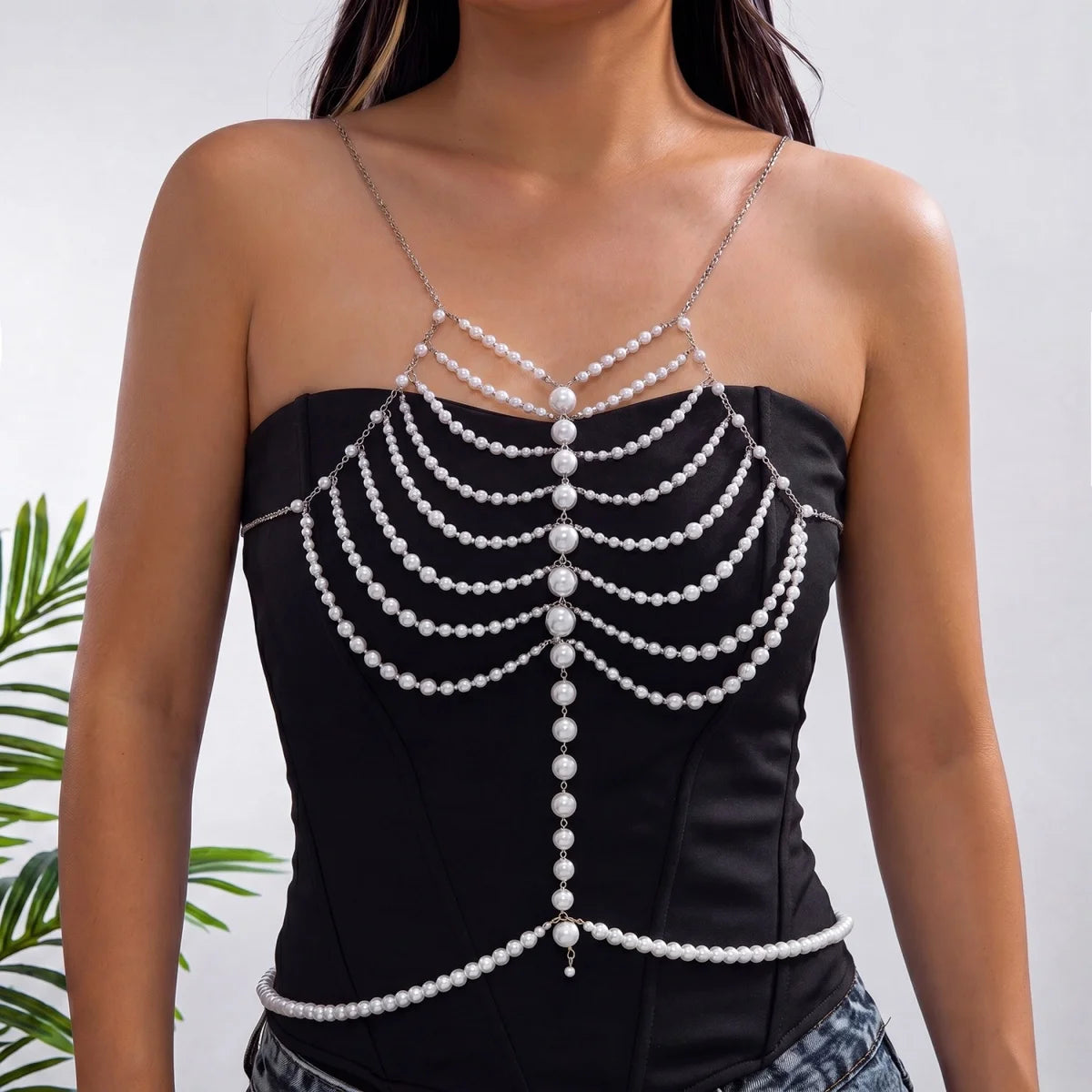 Elegant Simulated Pearl Beaded Halter Waist Chest Chain For Women Summer Beach Club Party Pearl Beads Body Chain Body Jewelry