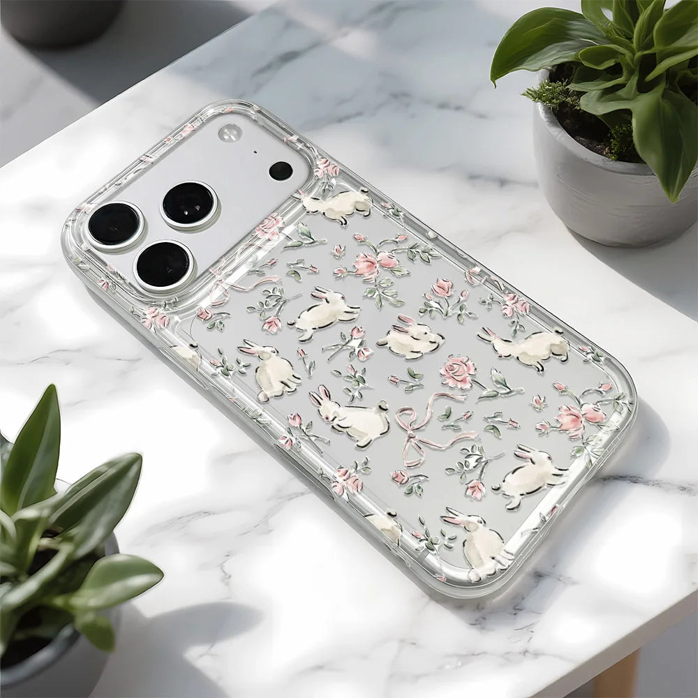 Cute Bunny Pink Floral Lichee Pattern Phone Case For IPhone 17 Air 16 15 Plus 14 Pro Max 11 12 13 Cute Shockproof Bumper Cover