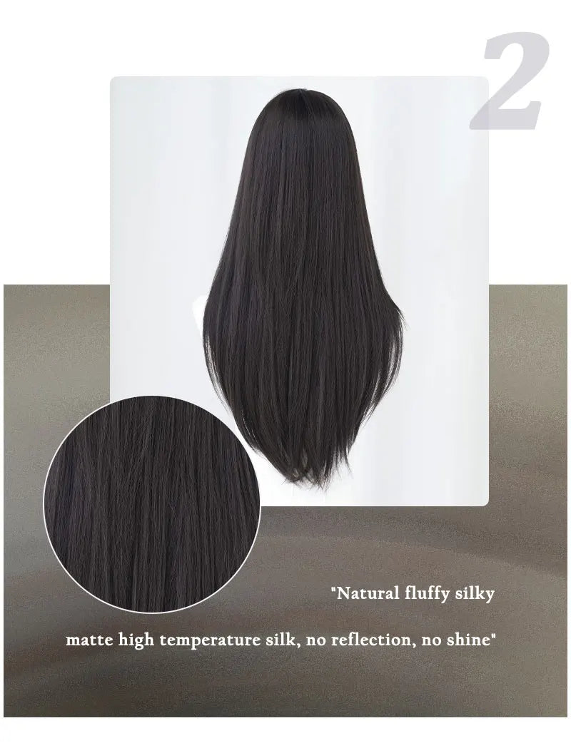 Long Straight Dark Brown Wig High Density Synthetic Middle Part Wigs with Curtain Bangs for Women Daily Party Use