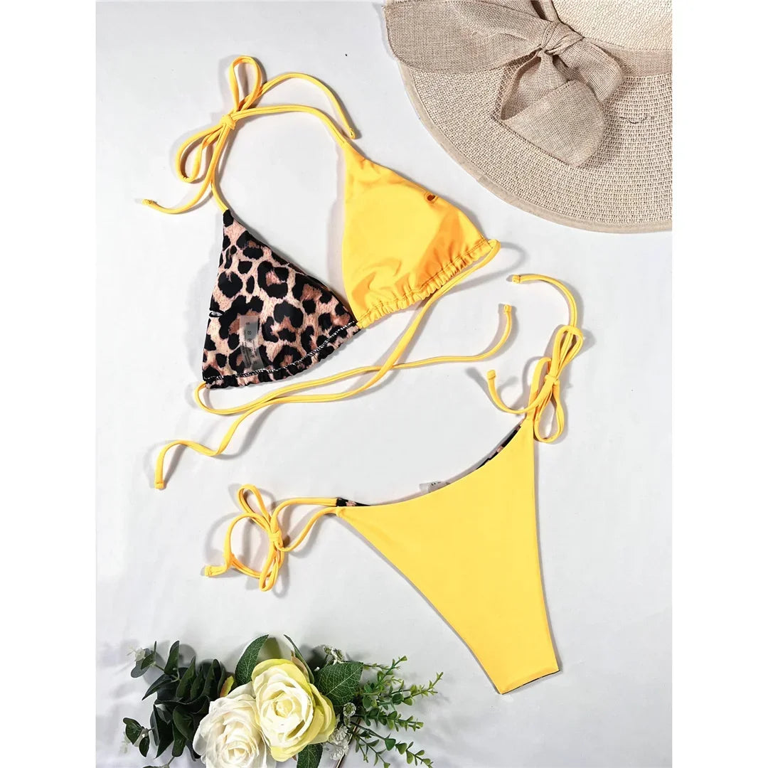 Halter Splicing Leopard Bikinis 2026 Satin Bikini Female Swimsuit Women Swimwear Two-pieces Bikini Set Micro Bathing Suit Swim
