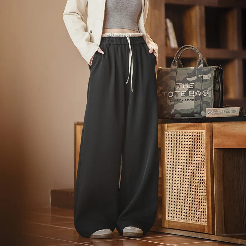 Maden Women's Wide Leg Patchwork Pants Black Elastic Waist with Drawstring Trousers Breathable Office Dress Pants for Summer