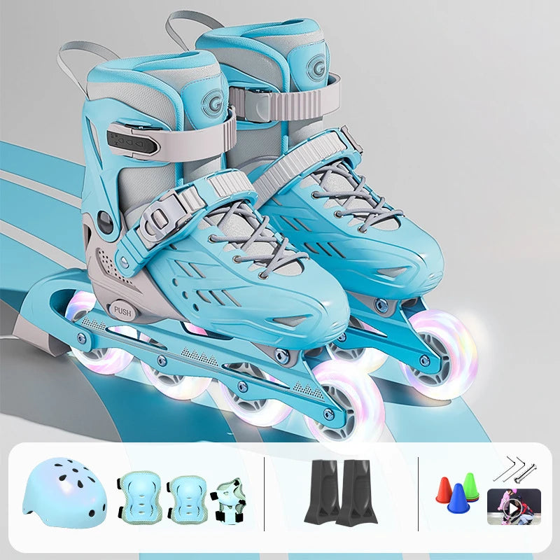 4 Wheels Flashing Inline Skates with Full Protective Gear Set Helmet Knee Pads Elbow Pads Carry Bag Adjustable Size for Boy Girl