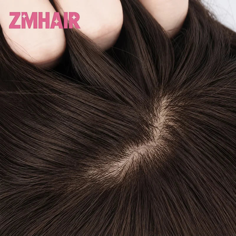 Brown Straight Hair Topper For Women Skin Silk Base Virgin Human Hair Piece Cover Breathable Silk Top Toupee with Clips in