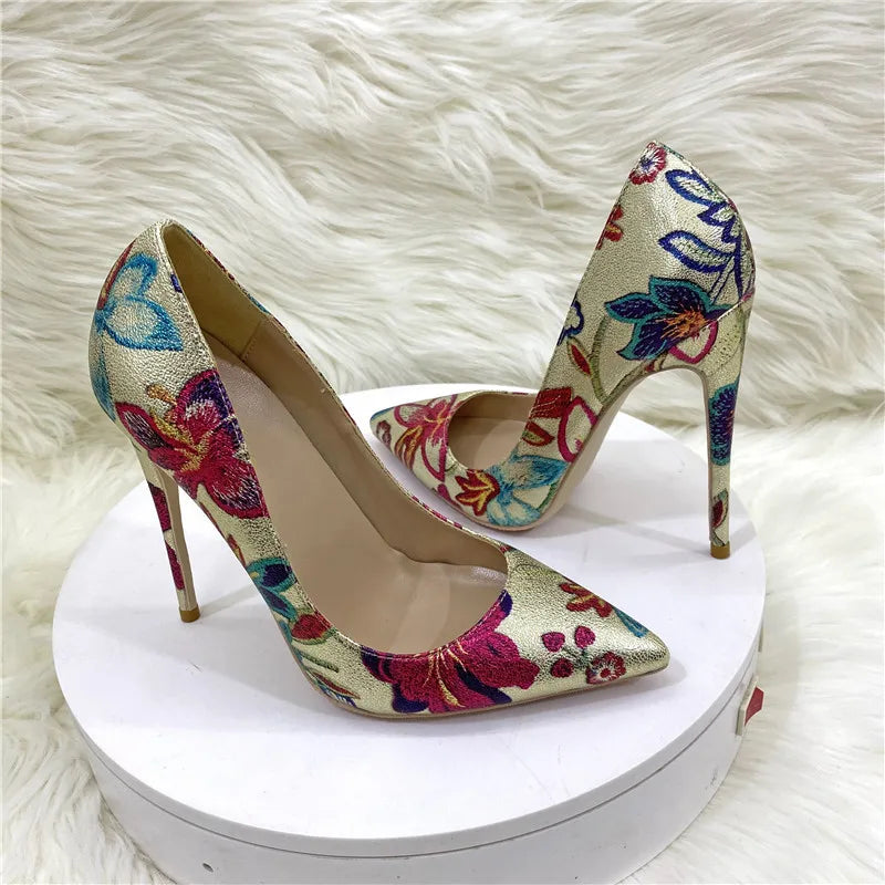 Fashion Print Women's Pumps 8CM 10CM 12CM Sexy Pointy Toe Luxury Female Shoes 2025 Spring Summer All-Match Woman Gold High Heels