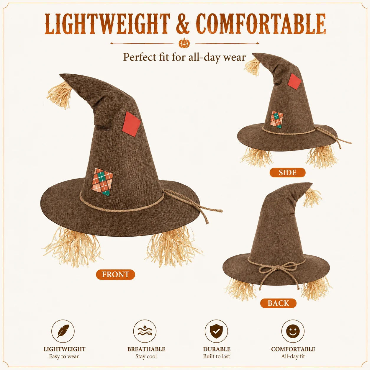 Halloween Witch Hat for Women, Pumpkin Patch Costume Accessory for Fall Festival