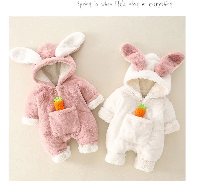 ZOETOPKID Baby Rompers Winter Warm Coral Fleece Newborn Boys Girls Clothes Cartoon Rabbit Coats Infant Jumpsuit Animal Overalls