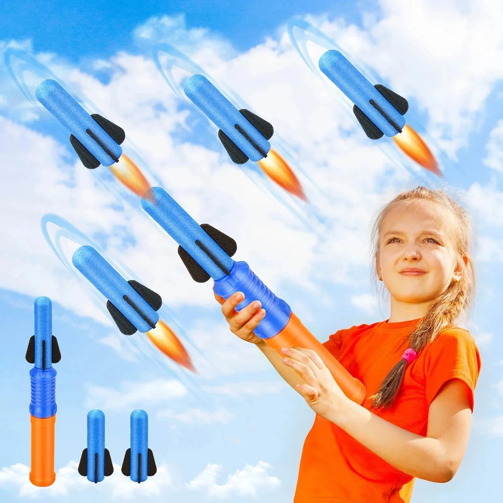 Hand Push Rocket Launcher Toy Set Foam Rockets Outdoor Garden Party Game Birthday Present Summer Funny Playing Toys