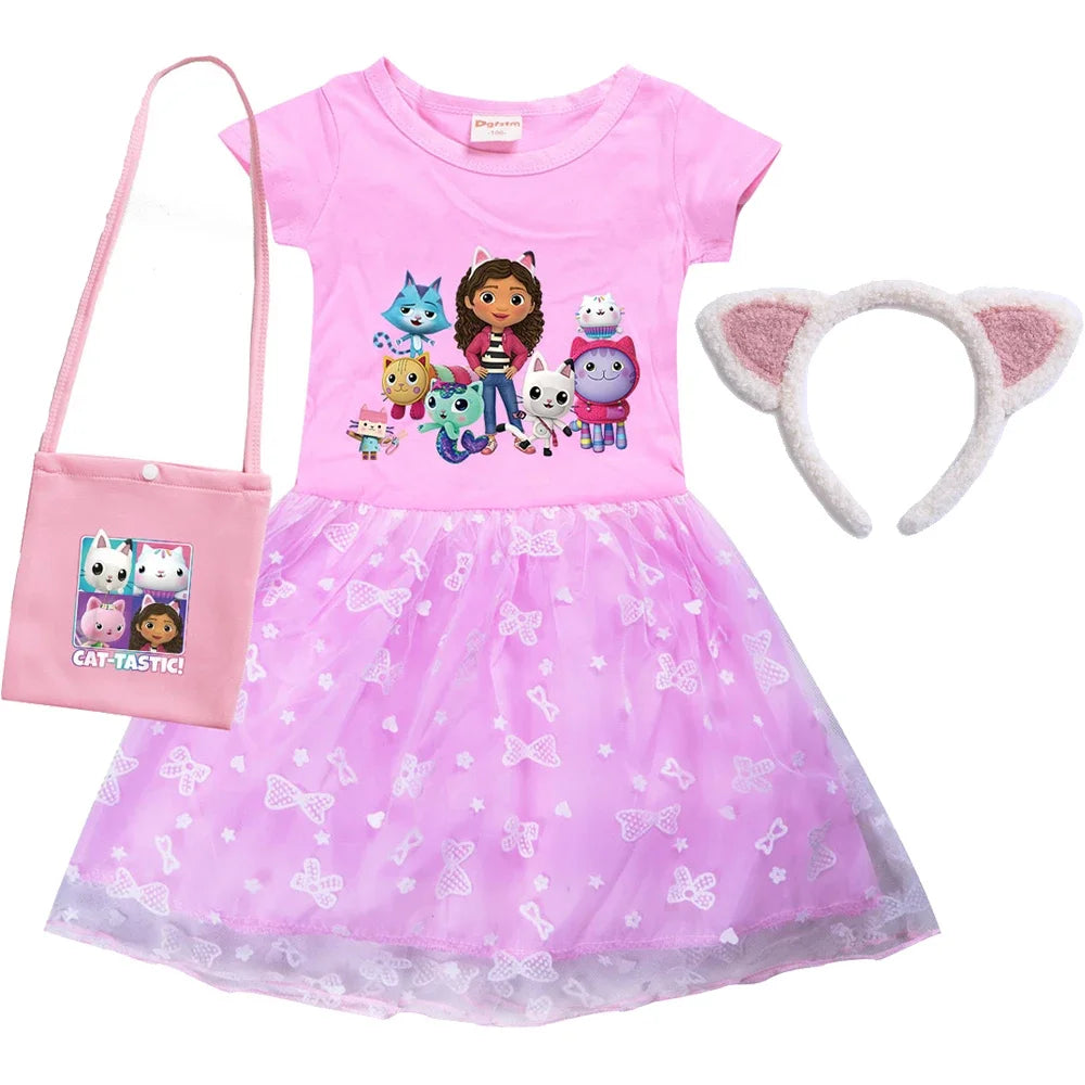 2024 Girls Summer Dresses Gabbys Dollhouse Girls Cat Tastic Costumes Kawaii Kids Birthday Party Princess Dress with Headwear Bag