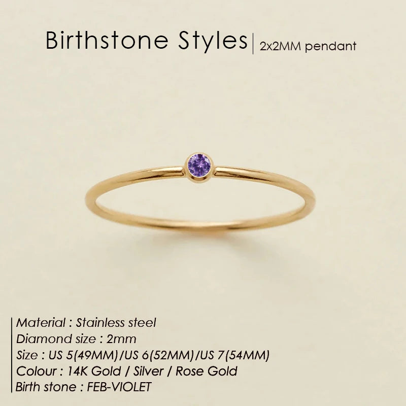 14K Gold Plated Stainless Steel Birthstone Ring for Women Tiny Thin Stacking Ring Colorful Zircon Crystal Aesthetic Jewelry Gift