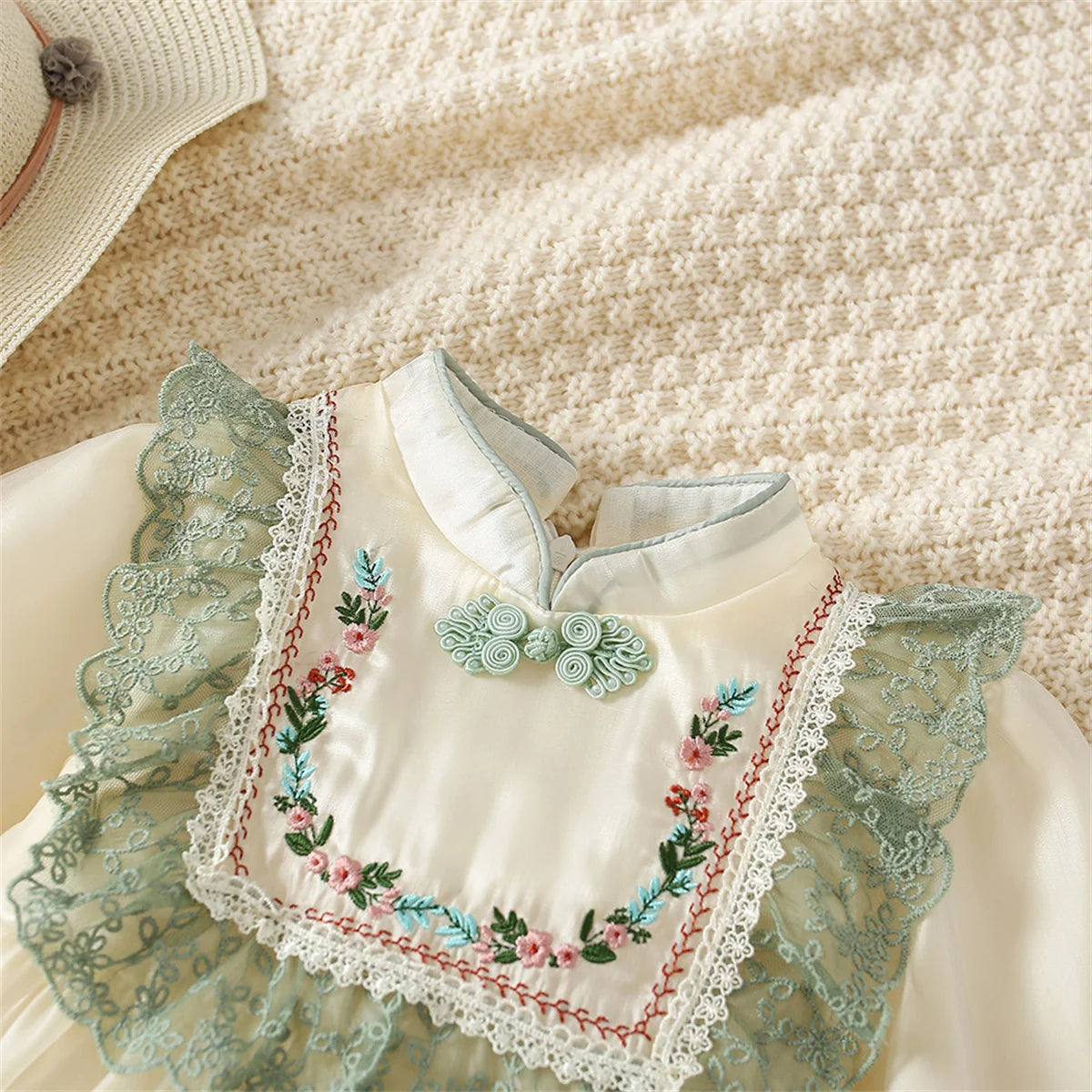 Girls' Dress Spring And Autumn Solid Color Flower Long Sleeved Baby Girl Dress Chinese Style One Year Old Baby Dress Baby Girl C
