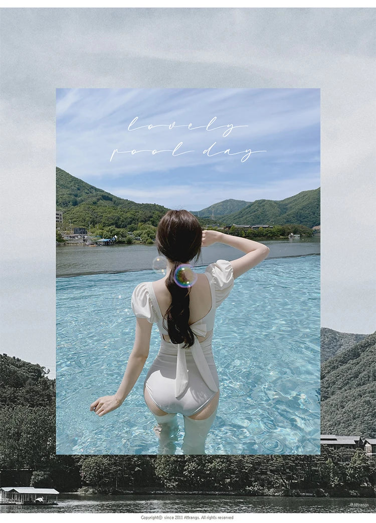 2026 New Women's One-Piece Swimsuit Short Sleeve Thermal Spring Soaking Slimming Waist Cinching Small Chest Student Tie-Bind