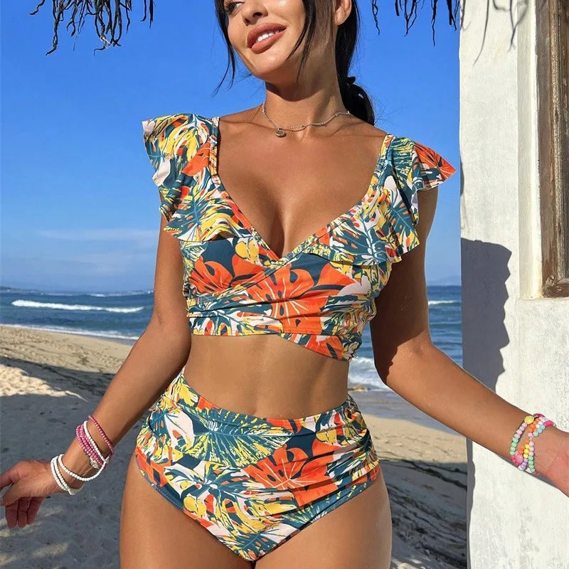 Cikini Summer Swimsuit For Women Tropical Print Ruffle Trim Summer Beach Bikini Set Summer Beach Swimwear Bathing Suit