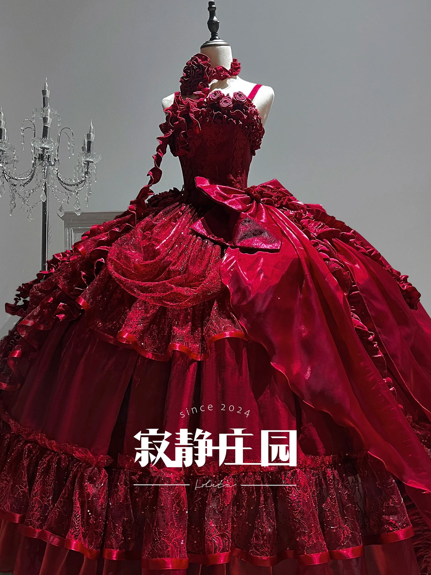 Original Burgundy Fish Bone Flower Wedding Dress Lolita Girl Women's Fairy Lace Bow Slim Maxi Long Party Birthday Dresses