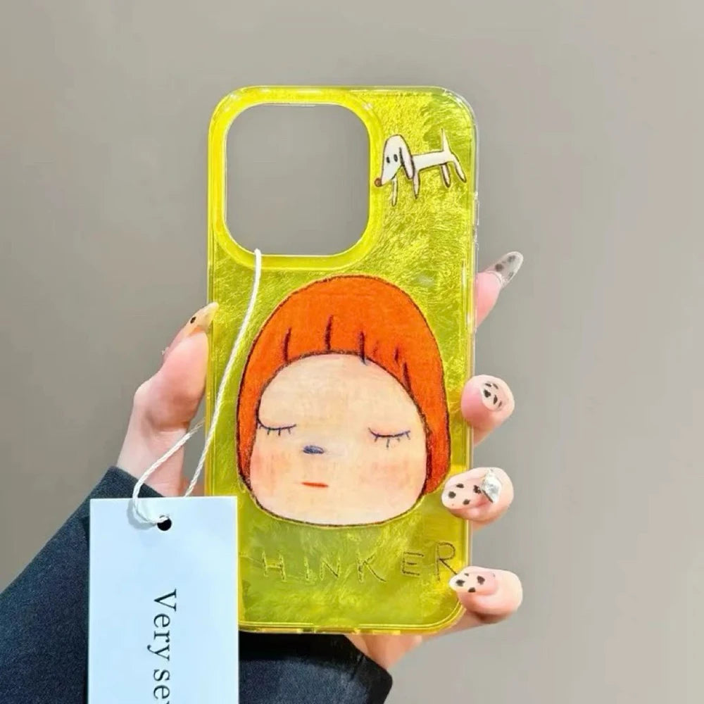 Advanced Red Background Sitting Girl Illustration Case for iPhone 16 15 14 13 12 11 Pro Max X Xs XR XSMax 8 Plus Feather Texture