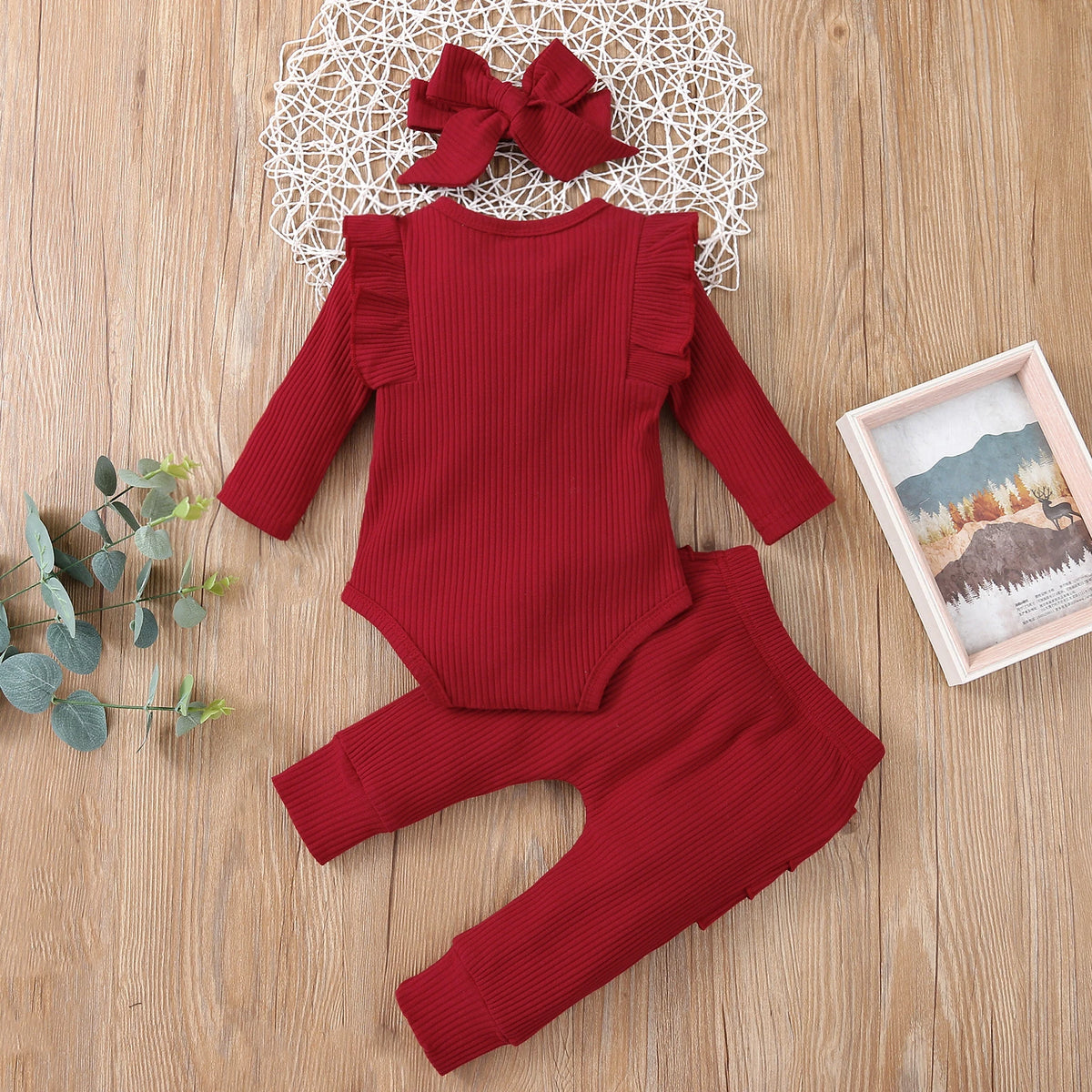 3Pcs Baby Girl Outfit Set Newborn Toddler Kids Clothing Set Baby Girls Lace Ruffles Cotton Bodysuit +Pants+Headband Clothing