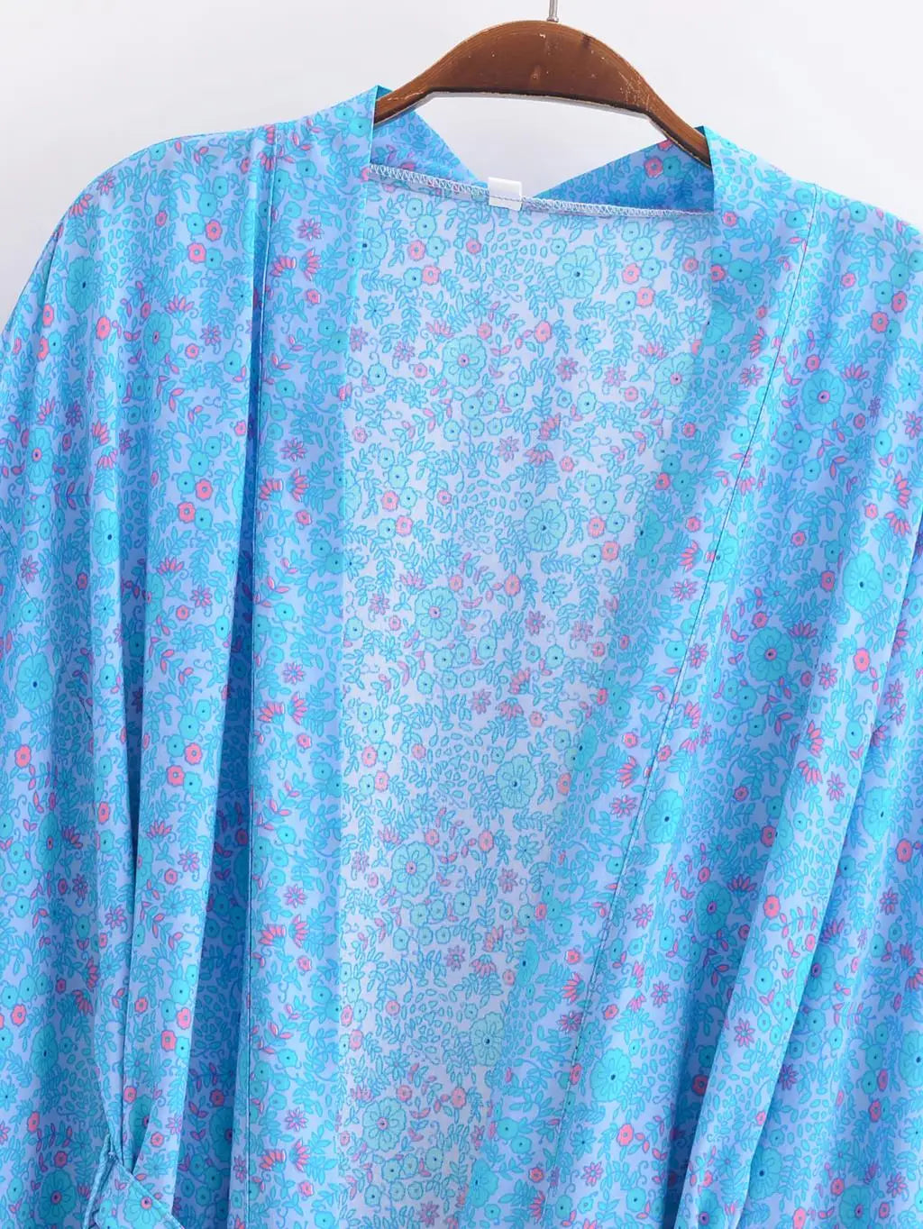 BOHO Women Blue With Pink Flower Print Kimono Shirt Holiday Tide Bow Sashes Mid Long Cardigan Summer Blouse Beach Cape