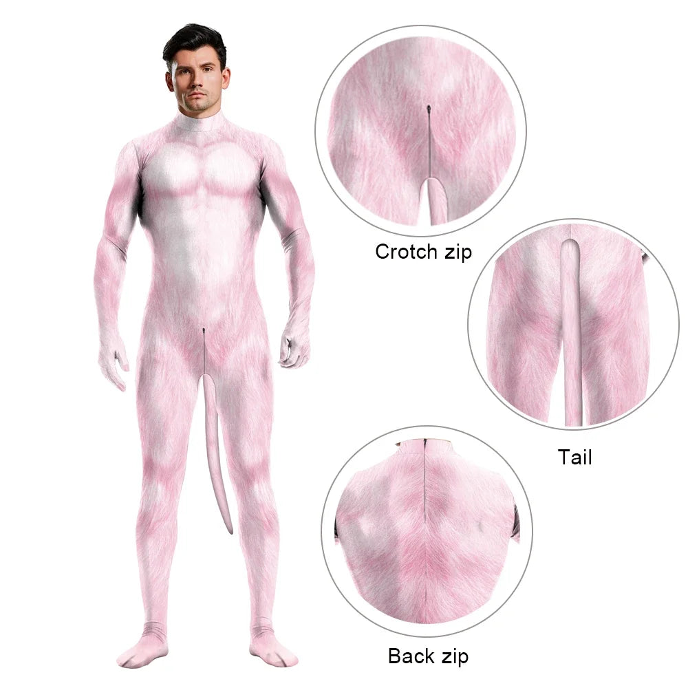 Halloween Cosplay Costume Male Adult Full Cover Elastic Zentai Pet Suit Jumpsuit Print Catsuit Bodysuits with Tail Purim Clothes