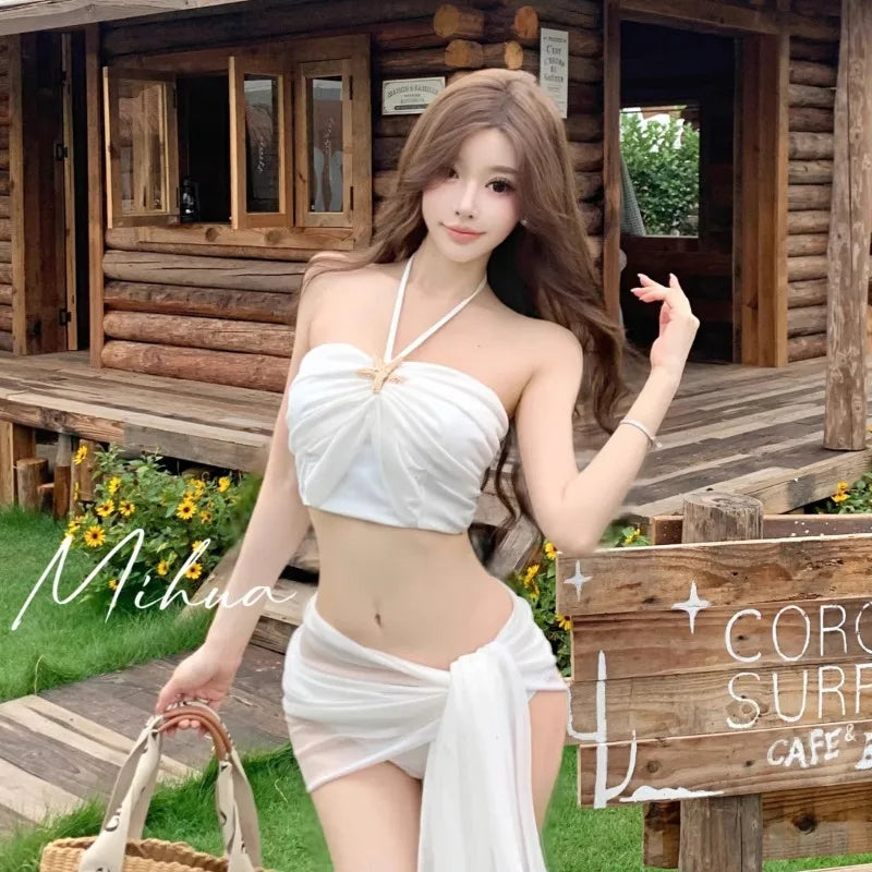 Swimsuit Women's High-end New Water Tone Sexy Pure Desire Bikini Three Piece Set Beach Vacation Hot Spring Neck Hanging Swimsuit