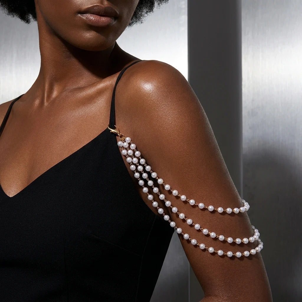 Sexy Imitation Pearl Body Chain for Women Multilayer Pearl Rice Beads Chain Shoulder Sweater Long Chain Party Wedding Jewelry
