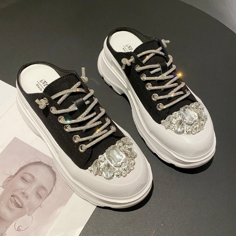 Women Shiny Rhinestones Shoes Four Seasons Casual Sneakers Women Stylish Sport Shoes Lace-Up Sports slippers zapatos mujer