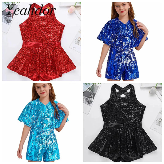 Kids Girls Shorty Unitard Sleeveless Sequin Rompers Leotard Bodysuit Performance Children Jazz Modern Dance Party Tap Costumes