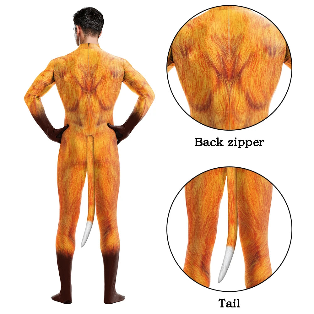 Halloween Cosplay Costume Male Adult Full Cover Elastic Zentai Pet Suit Jumpsuit Print Catsuit Bodysuits with Tail Purim Clothes