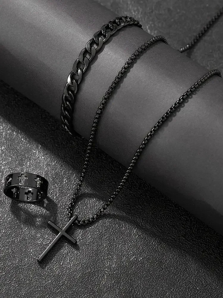 Men's 3pcs Fashion Alloy Jewelry Set - Cross Pendant Necklace, Bracelet & Ring Combo