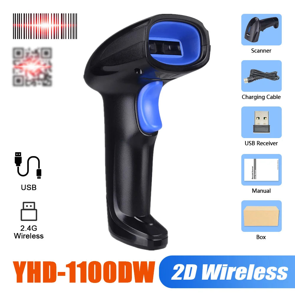 YHDAA Handheld Bluetooth Wireless 2D Barcode Scanner 1800mAh Support 20 Hours Continuous Scanning QR Code Reader