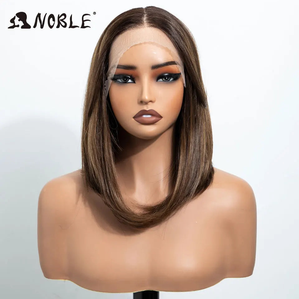 Noble 13x4 Synthetic Lace Front Wigs For Women Short Bob Wig With Bangs Pre Plucked Hairline Heat Resistan Ombre Blonde Lace Wig