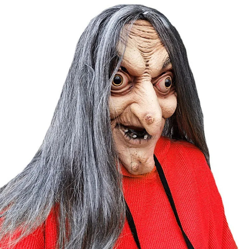 Halloween Old Witch Latex Mask with Long Hair Scary Ghost Face Costume for Party Cosplay & Roleplay