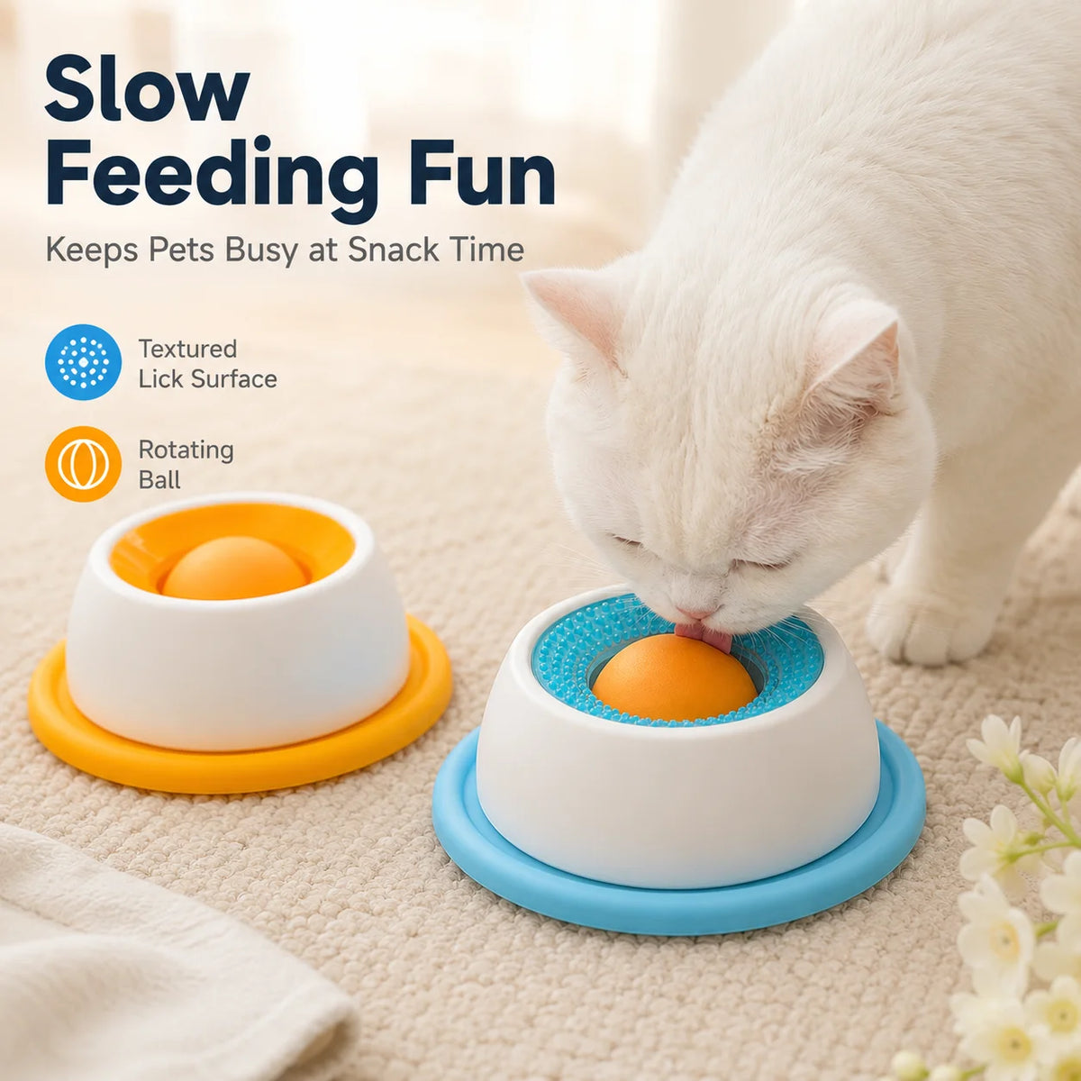 Pet Lick Plate Slow Feeder Bowl for Cats Small Dogs Rotating Ball Treat Toy Anti Slip Licking Mat for Wet Food