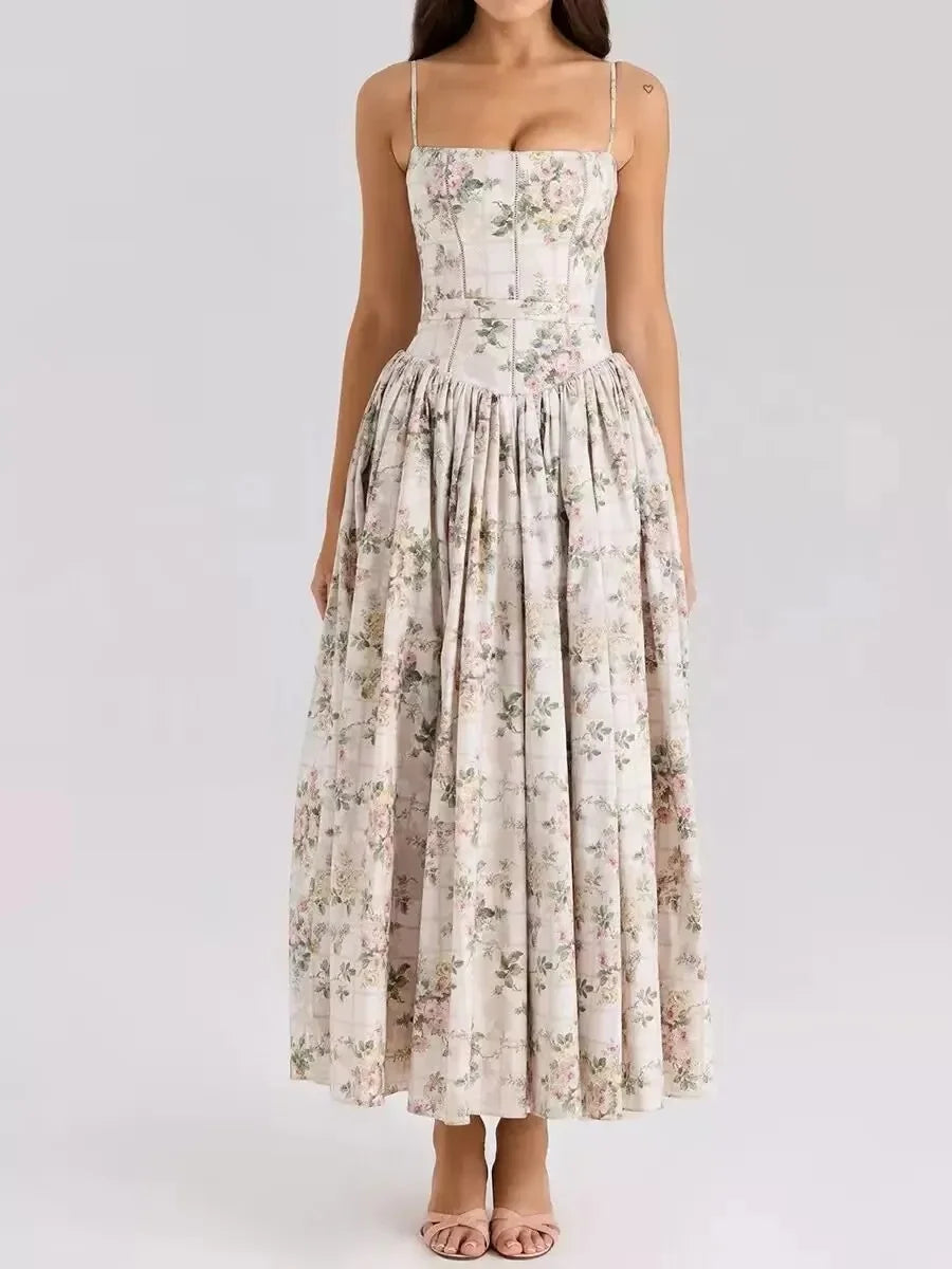 Elegant Fairylike French Style Gentle Floral Print Strapless Midi Dress Slimming Women's Fashion High End Feeling Dress