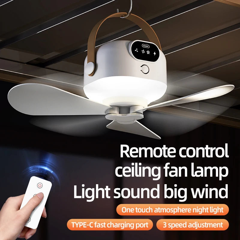 Portable Mini Ceiling Fans Outdoor Camping Fan Tent Ventilator Cooler Rechargeable Electric Fan Remote Control LED Lighting