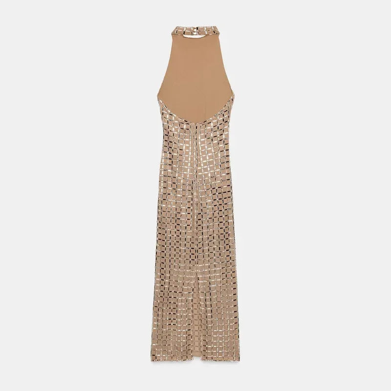 Sexy Lady Sequin Halter Maxi Dress Sleeveless O Neck Backless Party Long Robe 2026 Spring New Luxury Evening Dresses