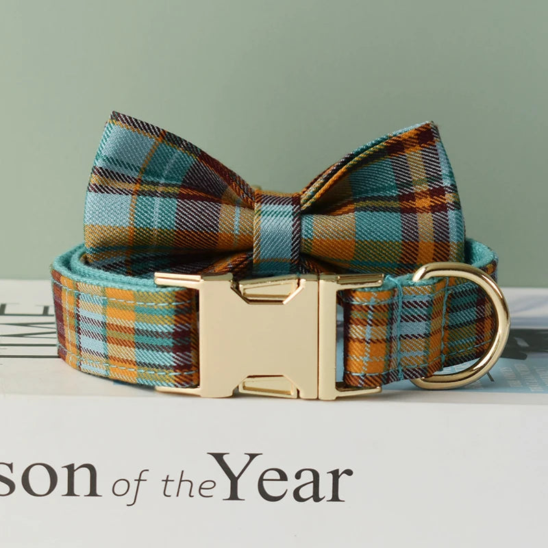 Plaid Dog Collar Designer With Bow Tie Custom Dog Accessories Luxury Pet collar leash set