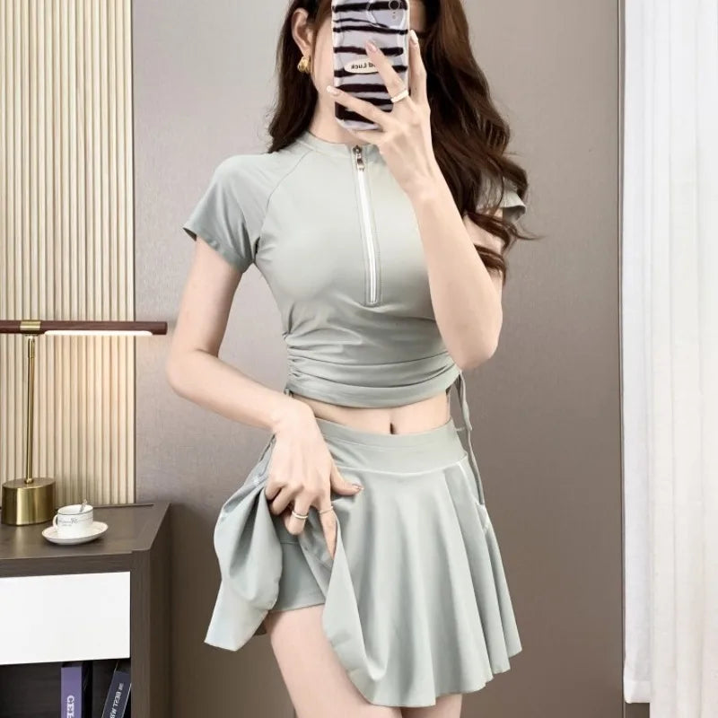 Women Split Sports Swimsuit 2026 New Short Skirt Two Piece Set T-Shirt Cover Up Sun Protection Swimming Outfit for Teen Students