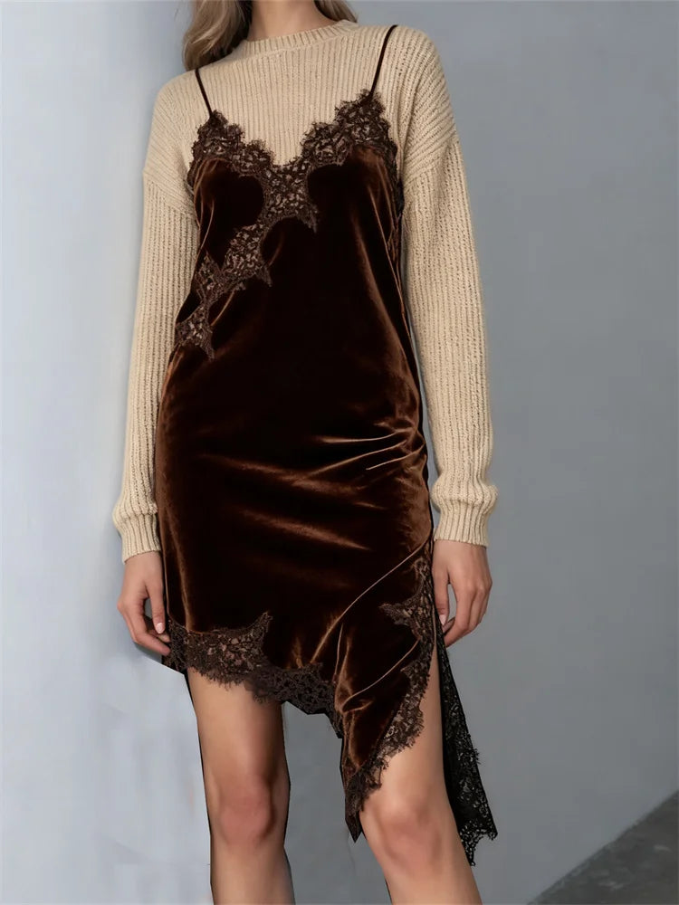 Women Satin Sexy Velvet Lace Spliced Short Sling Dress Sleeveless Backless Asymmetric Sexy Party Dresses Summer Lady Dress ﻿