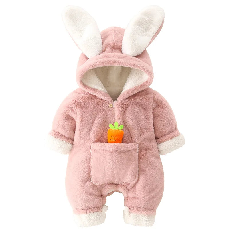 ZOETOPKID Baby Rompers Winter Warm Coral Fleece Newborn Boys Girls Clothes Cartoon Rabbit Coats Infant Jumpsuit Animal Overalls