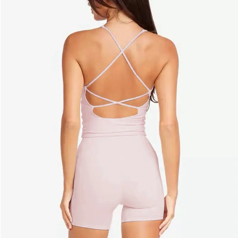 CSB Women Strappy Cross Back Cutout Tank Top High Waist Biker Shorts Yoga Leggings Gym Fitness Workout Separates Sportswear