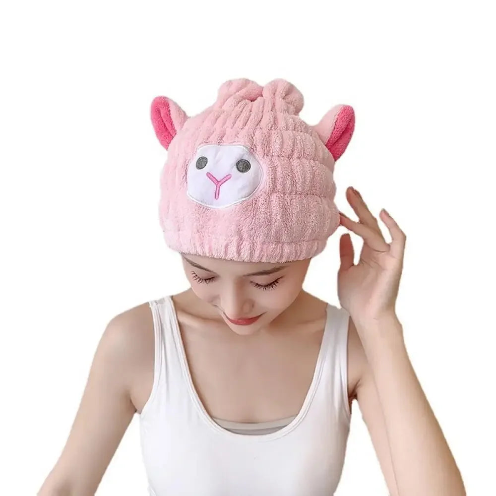 Coral Fleece Cartoon Kids Hair Drying Hat Animal Embroidered Shower Cap Absorbent Quick Dry Tape Cute Bathroom Accessory Soft