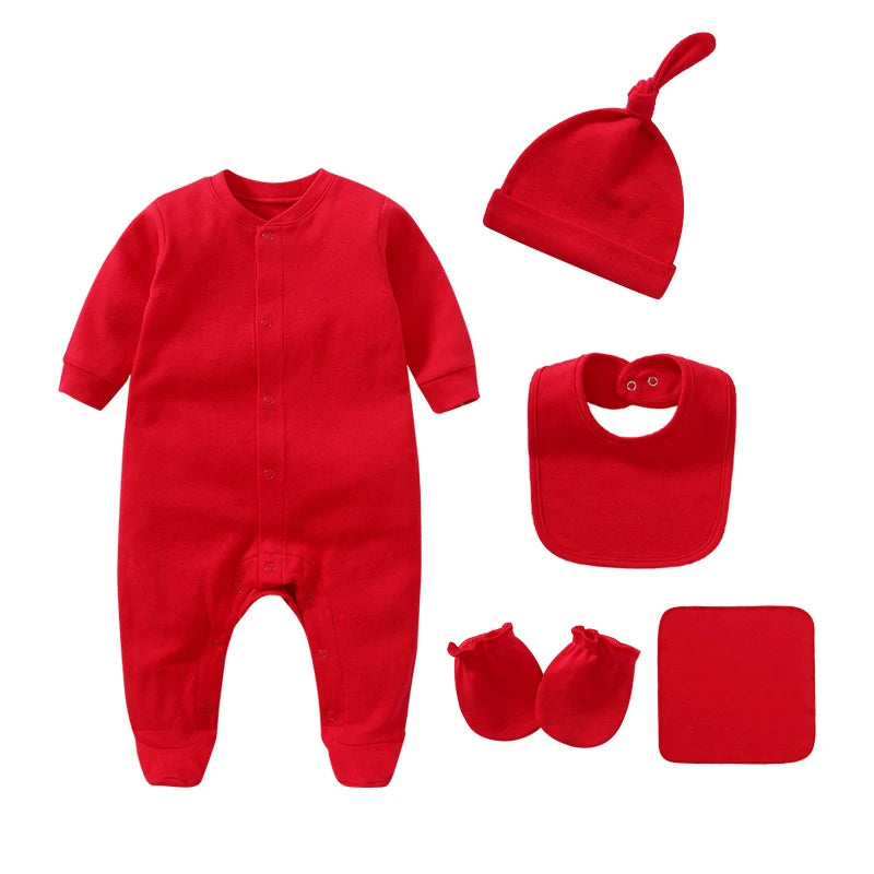 Unisex 5Pcs Newborn Baby Long Sleeve Cute Cotton Romper Jumper + Hats + Mittens+ Bib+Towel Infant Clothes Set