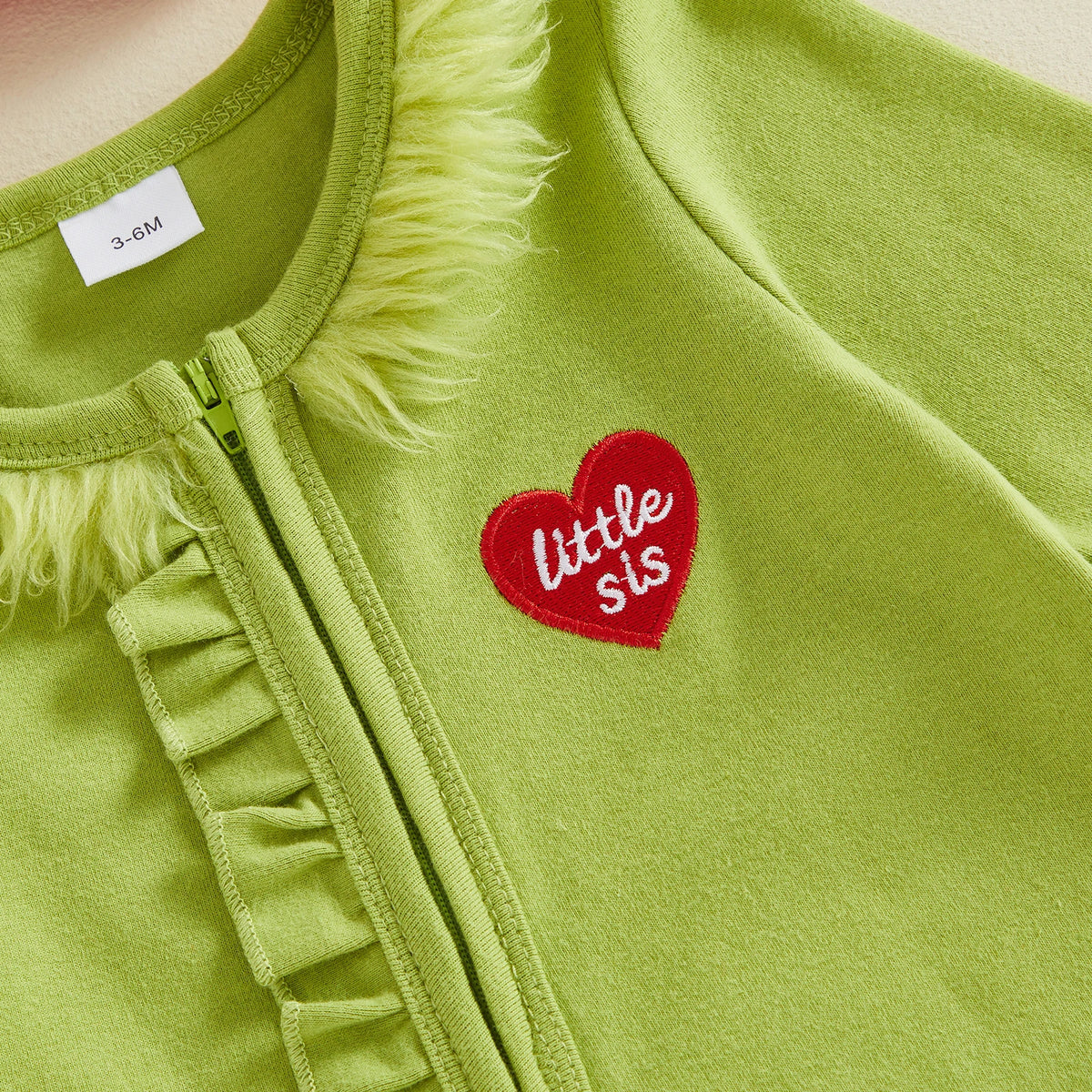 Baby Girls Christmas Ruffles Zipper Romper Green Plush Trim Jumpsuits and Headband Winter Baby Playsuits Clothes