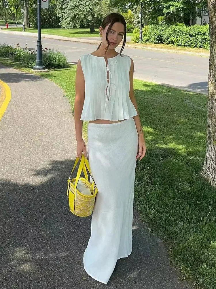 Sexy White Sleeveless Tie Shirt Top Long Skirt Two Piece 2026 Women Fashion Set Summer Holiday Beachwear Swimwear Cover Up A2860