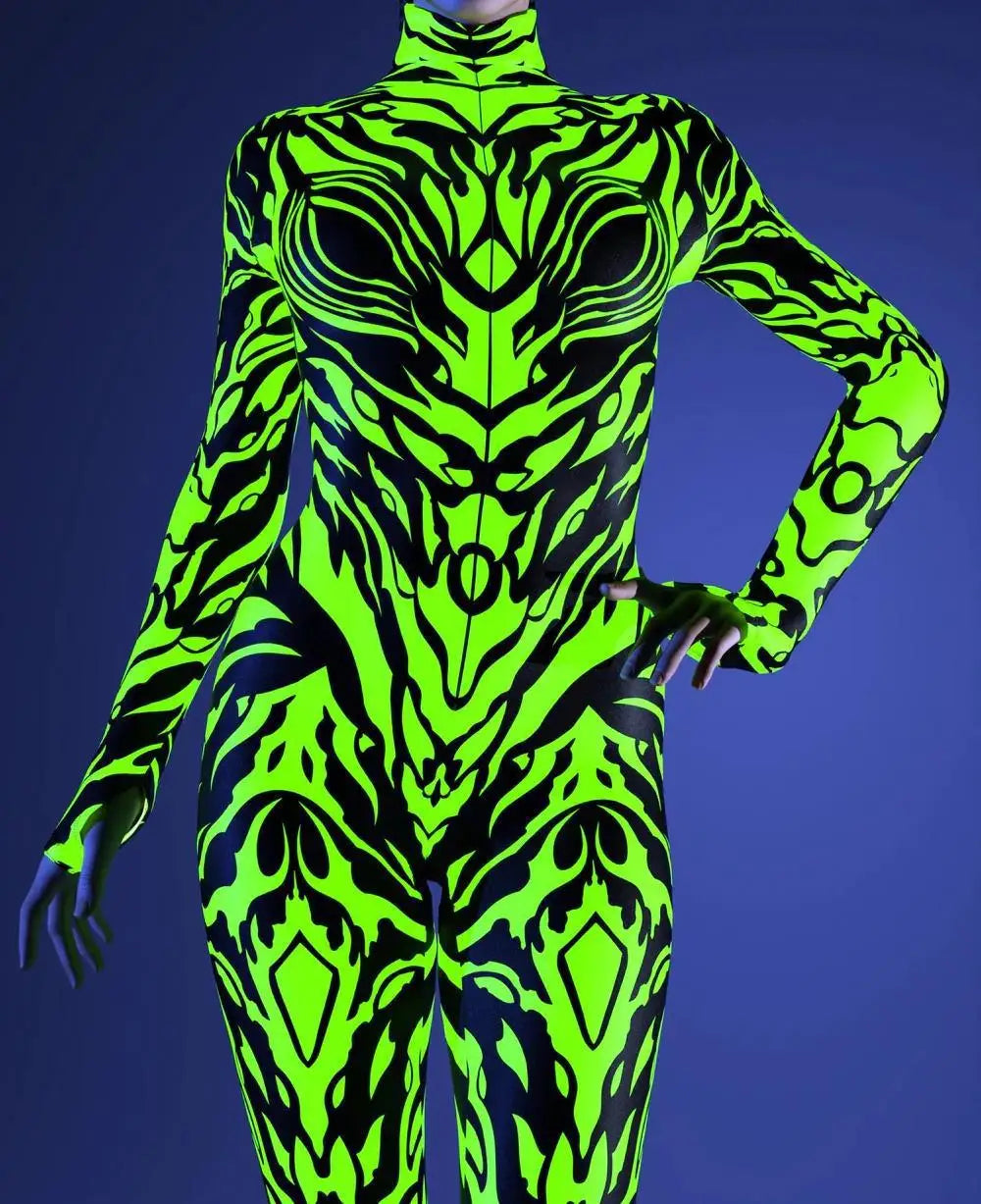 Halloween Costumes for Women 3D Abstract Print Full Body Jumpsuit Sexy Skinny High Neck Zentai Suit for Carnival Cosplay