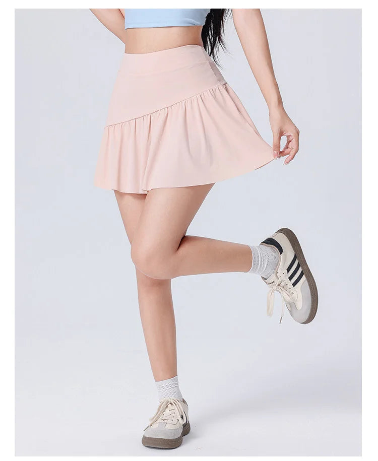 Women High Waist Asymmetrical Tennis Skirt Built-in Shorts Quick Dry Breathable Workout Running Sports Mini Skort