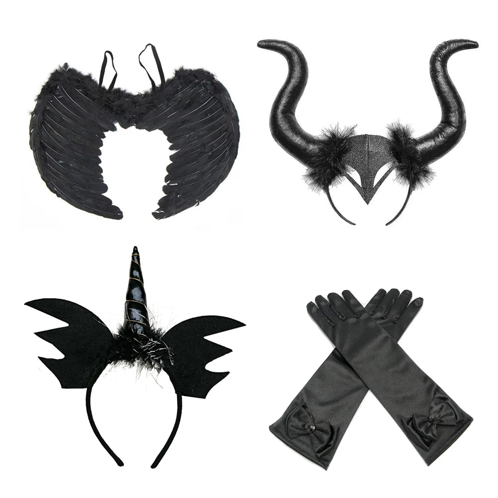 Dark Witch Halloween Costumes for Girls Black Devil Angel Fancy Trailing Dress with Feather Wings Bat Horns Kids High Low Outfit