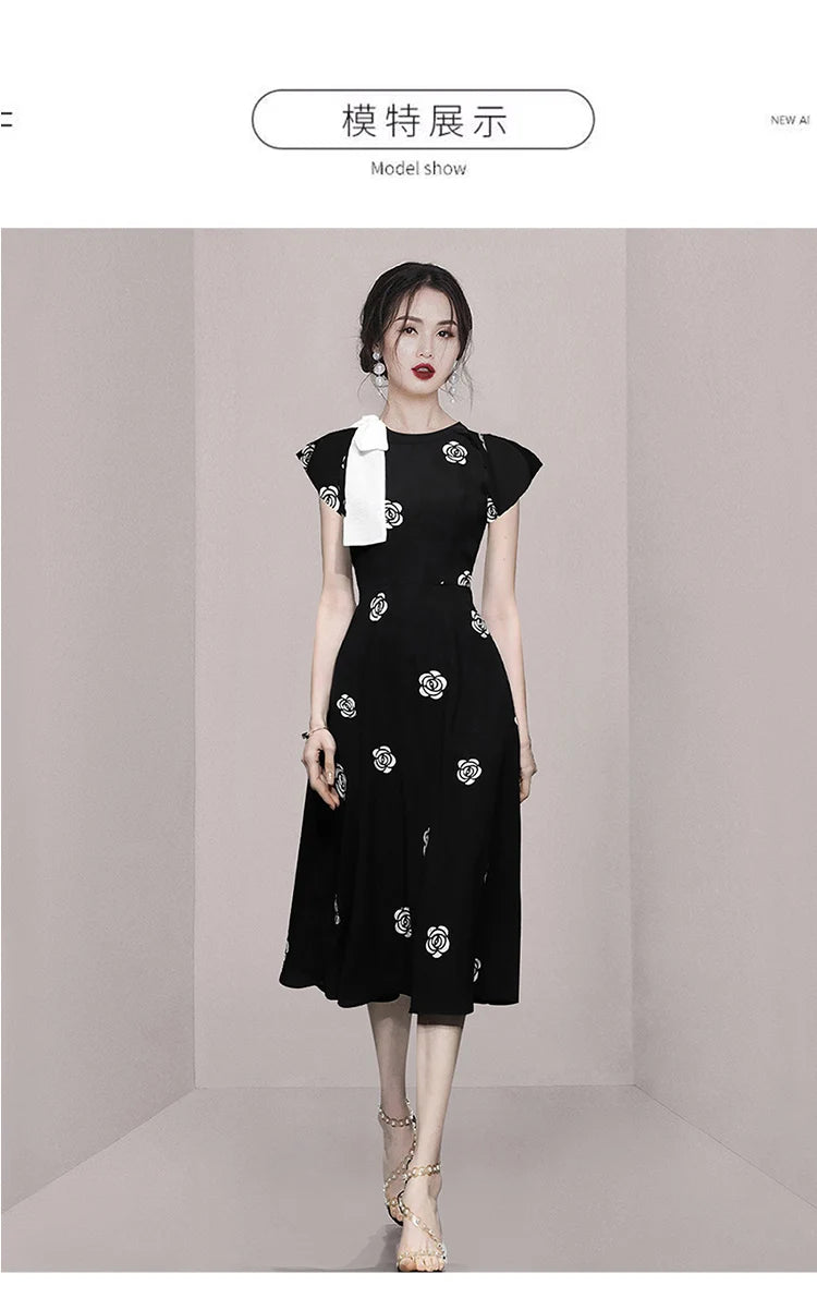 Designer Fashion New Summer Rose Flower Embroidery Office Dress Elegant Women O Neck Hit Color Bowknot Black Floral Midi Dresses