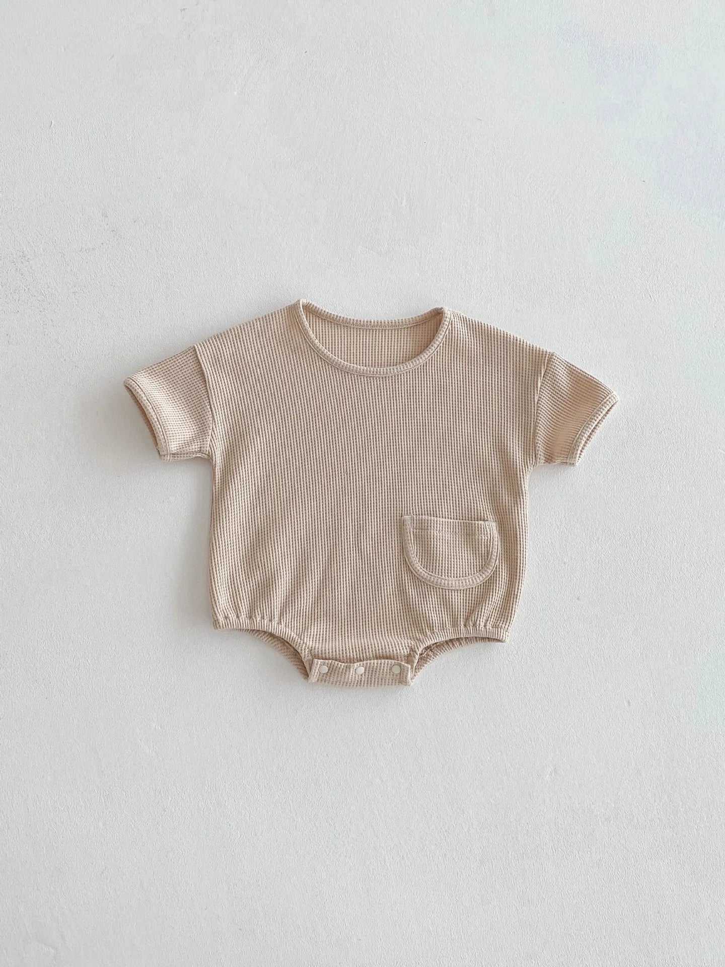New Korean Style Baby Summer Cotton Simple Comfortable Short - Sleeve Waffle - Knit Onesie with Small Pocket Decoration Romper
